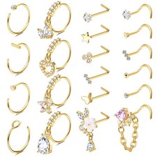 Besteel 20 PCS 20G Dangle Nose Rings for Women Butterfly Heart Moon Gold-tone