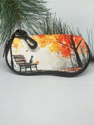 Tabby Cat on Bench Fall Zippered Sunglass Eyeglass Soft Case Neoprene w/Clip
