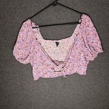 Womens Crop Top Floral Tie Front Smocked Puff Sleeve boho resort vaca coquette