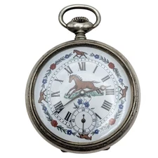 Vintage Arnex 17 Jewels Swiss Made Pocket Watch Horse Equestrian Dial and Case 