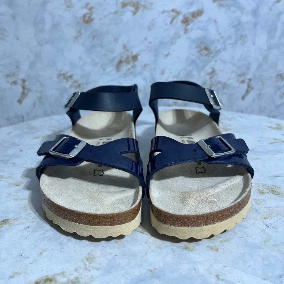 Birkenstock Rio 37 Mujer Talla 6 Zapatos Azul Marrón Cuero Tirantes Corcho Sandalias Foto 2 de 4