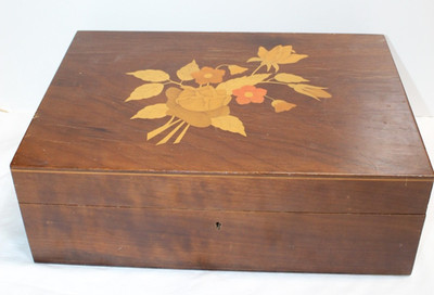 Vintage Wooden Sewing Box With Red Gingham Lining & Floral Painted Lid