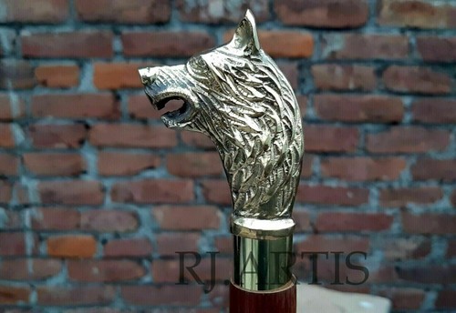 Handmade Wolf Head Cane Handle Antique Walking Stick Brass Head ONLY HANDLE Gift - Picture 1 of 8