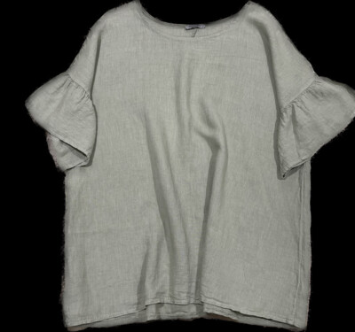 ELENA BALDI Italian Linen Blouse Women's Moss Green Ruffle Short Sleeve Top 1X