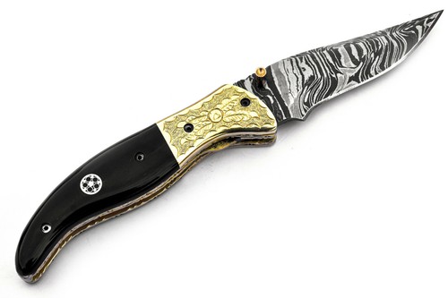 CUSTOM HANDMADE DAMASCUS STEEL HUNTING FOLDING KNIFE LINEAR LOCK RAM HORN BRASS. - Picture 5 of 7