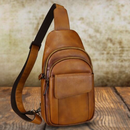 Genuine Leather Silng Bag for Men and Women Retro Real Leather Sling Backpack - Picture 2 of 14
