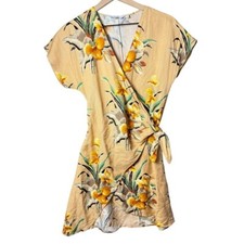 & Other Stories Tropical Flower Print Yellow Linen Blend Wrap Mini Dress US 2