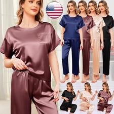 Womens Pajama Set Soft Short Sleeve Pajamas  Long Pants PJs Loungewear Pyjamas