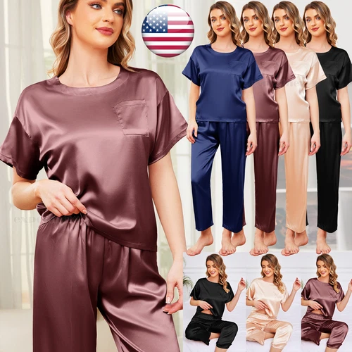 Womens Pajama Set Soft Short Sleeve Pajamas & Long Pants PJs Loungewear Pyjamas - Picture 1 of 17