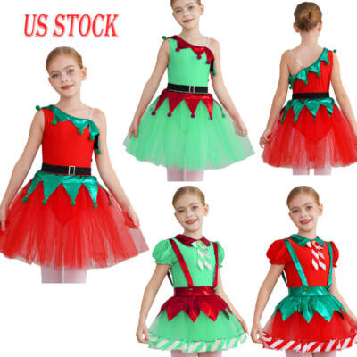 US Girls Dance Figure Skating Tutu Dress Leotard Kids Christmas Elf Costume 