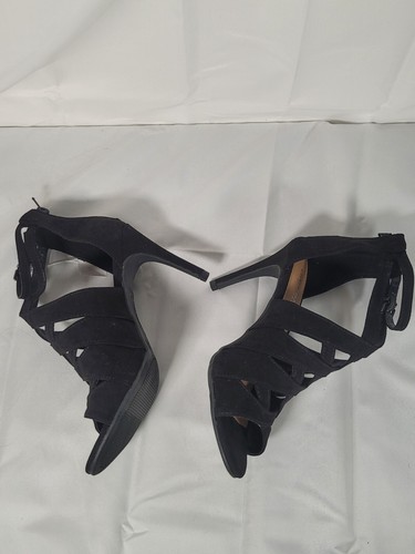 Christian Siriano Black strappy Heel Size 7.5 London Opentoe Faux Suede - Picture 15 of 24