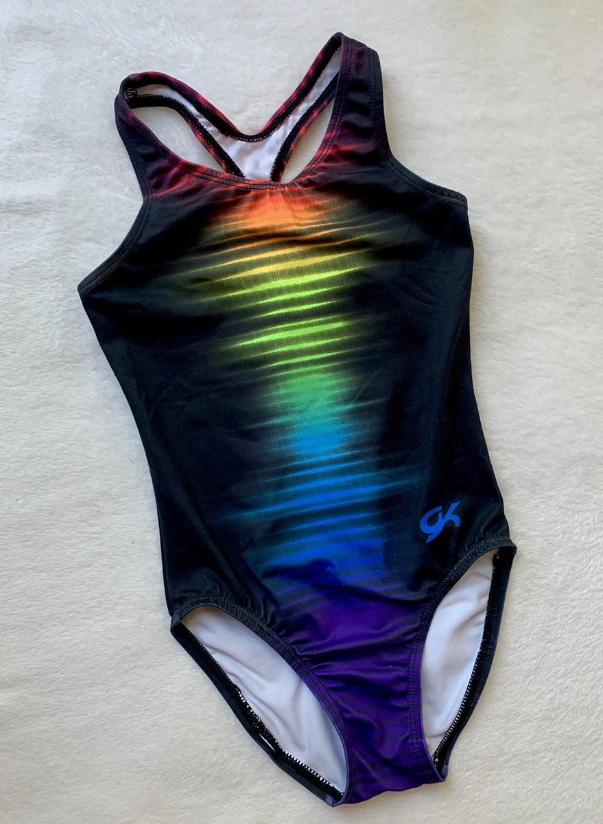 GK ELITE gymnastics Leotard RADIO WAVES Sporty RAINBOW Black USA Tank SIZE:  CM