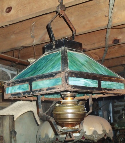 ANTIQUE MISSION ARTS CRAFT CEILING GREEN SLAG GLASS SHADE OIL LAMP METAL BRACKET - Picture 9 of 18
