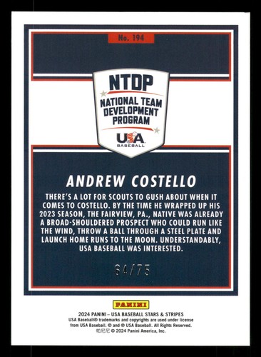 Estrellas y rayas Panini 2024 Andrew Costello naranja 64/75 #194 - Imagen 2 de 2