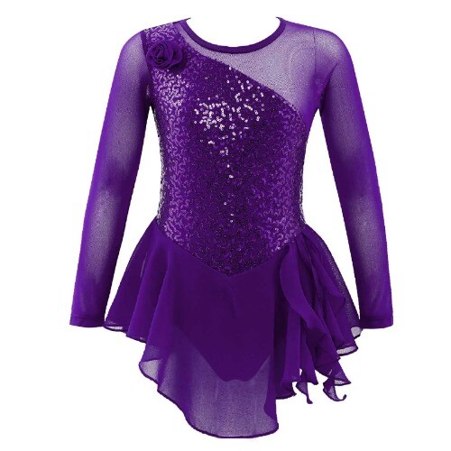 Mädchen Kind Netz Langarm Pailletten Gymnastik Turnanzug Kleid Bühne Performance - Bild 20 von 26