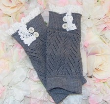 GRAY white crochet button trim BOOT TOPPERS " Boot Cuff Billy" leg warmer