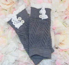 GRAY & white crochet & button trim BOOT TOPPERS!" Boot Cuff Billy" leg warmer 