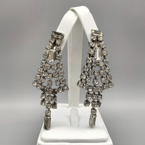 Art Deco Hollywood Regency Bridal Rhinestone Silver Tone Clip On Earrings VTG