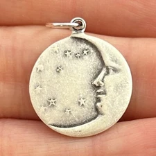 Tiny Celestial Charm Necklace Pendant Silver Tone Metal Crescent Moon Face Stars