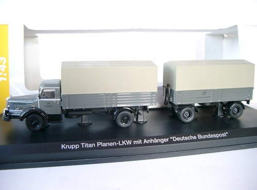 Schuco 1:43 - camion telone Krupp titanio con rimorchio "Deutsche Bundespost" / IMBALLO ORIGINALE - Foto 4 di 17