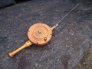 Vintage Wooden Ice Fishing Rod Reel Handmade Folk Art Cabin