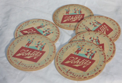 SCHLITZ  Beer Vintage  Cardboard COASTERS. New Old Stock. Qty of 6.