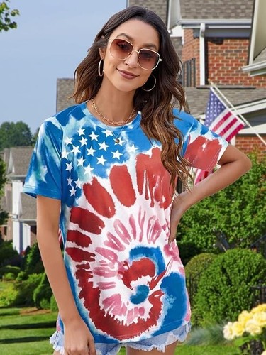 American Flag Tie Dye Shirt Women Patriotic Shirts 4th of July Tops Red White M - Picture 4 of 4