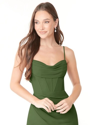 AZAZIE MAI Olive Sheath Pleated Chiffon Dress w/ Dress Bag Size 14 Custom - Picture 6 of 15
