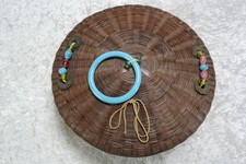 Antique 1924 Chinese Sewing Basket With Glass Beads & Coins 10" Diameter
