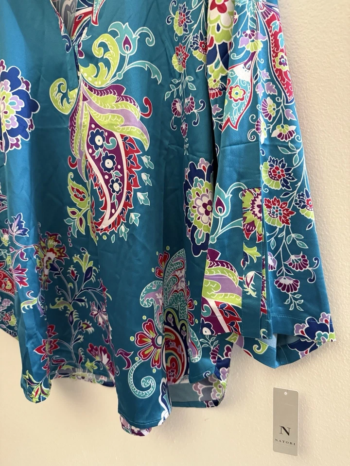 Nuevo con etiquetas Conjunto de pijama satinado ligero estampado Natori DAT JAIPUR verde azulado oscuro talla L Foto 4 de 4