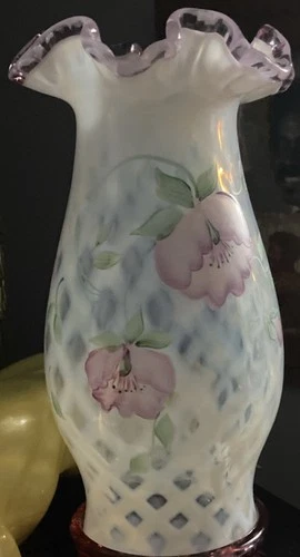 Fenton Glass Pink French Opalescent Trellis Floral Hand Painted Hurricane Lamp