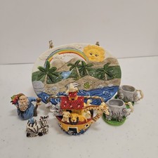 Vintage Noah's Ark Mini Tea Set and 1" Figurines Giraffe Elephant Zebra Rainbow