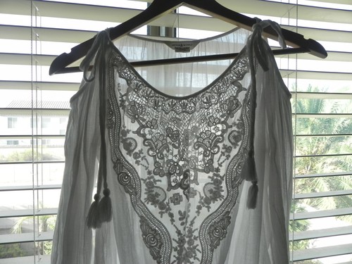 Denim supply Ralph Lauren White Top Crinkle Cotton Cold Shoulder Lace Trim SizeM - Picture 9 of 11