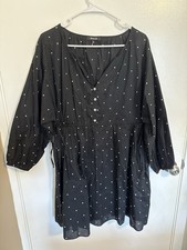 Madewell Dress Button Front Tie Waist Black White Square Spots Long Sleeve Sz M