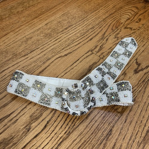 Cintura Bling Vintage A Quadri Con Perline Argento E Perla Fibbia Tonda Taglia 36 - Foto 10 di 15