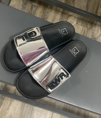 Material Girl silver Mirror GRL PWR Slides Sandals Size 7 New In Box