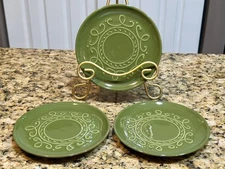 Crate & Barrel Green Appetizer Plates– Set of (3)6-5/8 Embossed  Scroll Dotted
