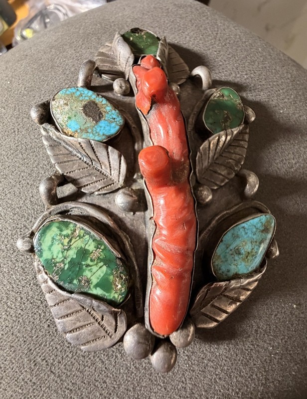 Huge Sterling Silver Hand-Crafted Coral Turquoise Bolo Tie Bennett Jewelry-NR
