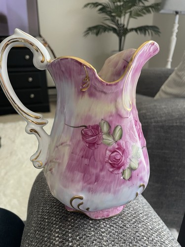 PRETTY VINTAGE LIMOGES CHINA PINK FLORAL GOLD TRIMMED WATER PITCHER 7" - Picture 4 of 6