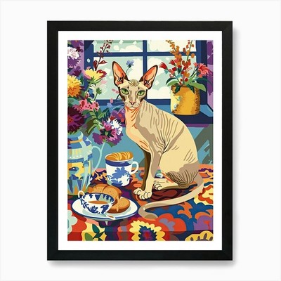 Tea Time With A Cornish Rex Cat 1 A Gerahmtes Wandbild Poster Leinwanddruck Bild