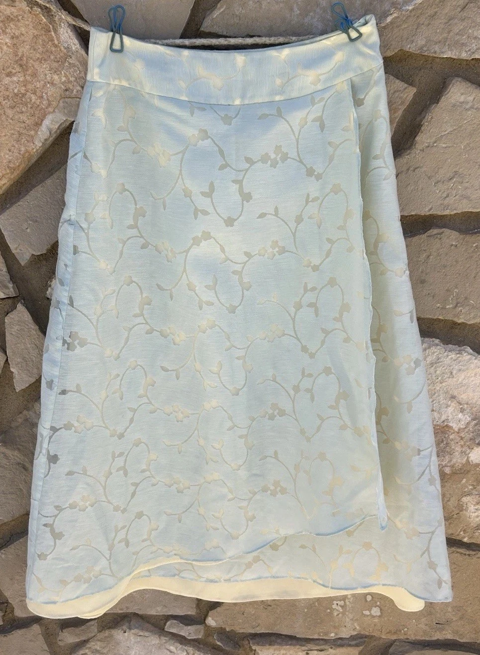 J Jill Linen Blend Skirt 8 Faux Wrap Light Blue Burnout Overlay Ivory Lining EC