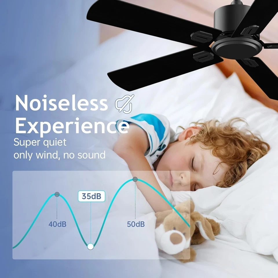 Ceiling Fan LED Light 52 Inch Indoor Bedroom Low Ceiling Flush Mount 5 Blades - Image 3 of 4