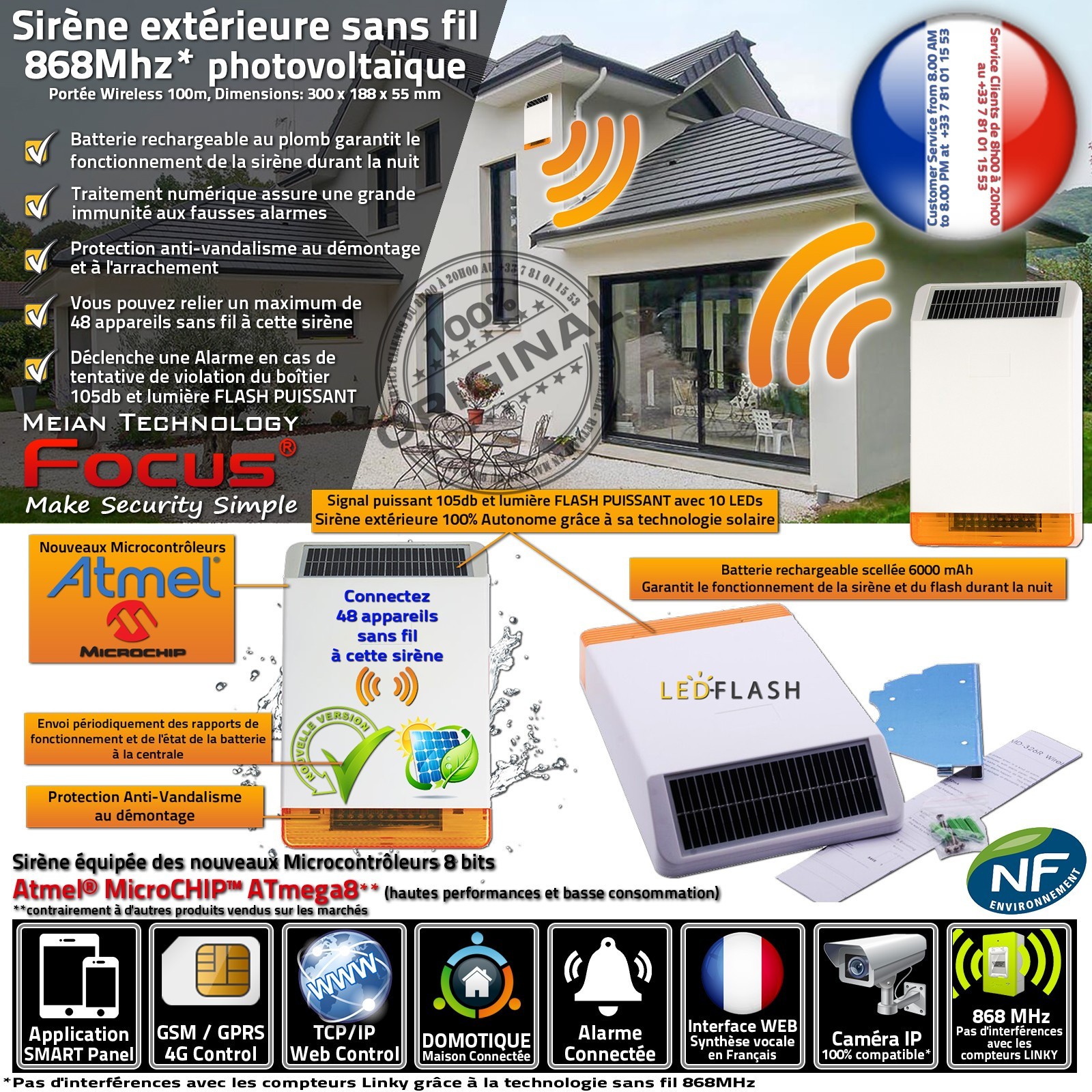 Sirène solaire MD-326R alarme extérieure 868MHz avec flash stroboscopique et batterie intégrée