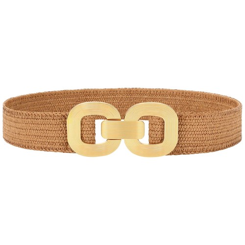 Straw Woven Elastic Belt for Women Boho Stretch Waistband with Gold Buckle Br...