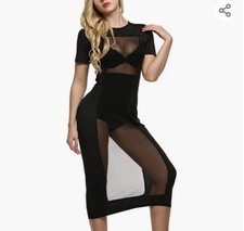 Black Mesh Bodycon Midi Dress Short Sleeve Night Out Club Party Sz Small NWT