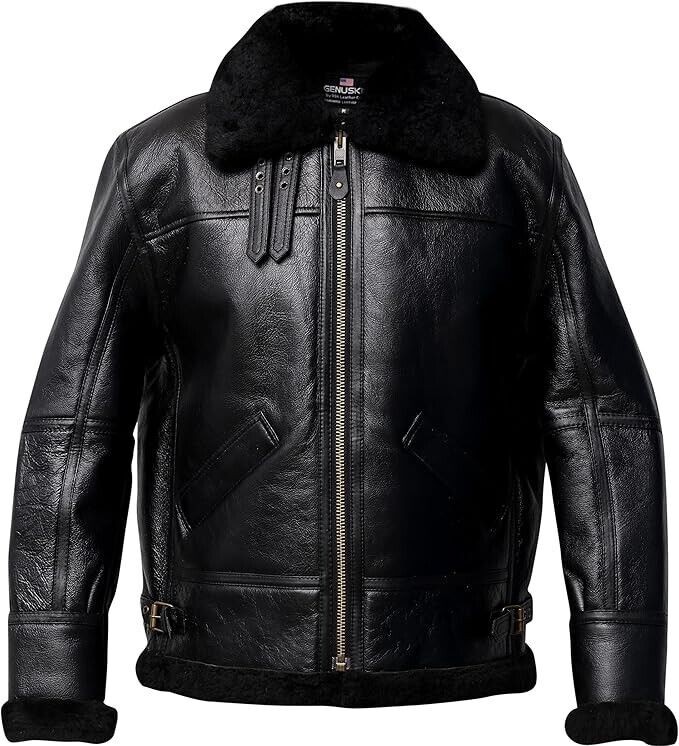 Hombres B3 Negro Bombardero Piel de Oveja Real Aviador Vuelo Chaqueta de...