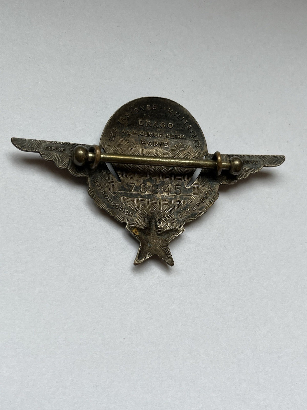 French Paratrooper Patent Badge Drago Olivier Metra No. 73345 Indochina