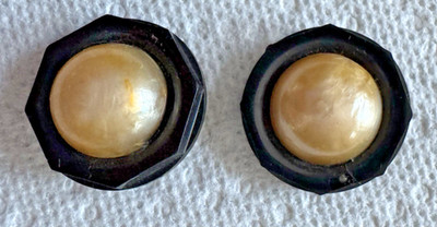 Vintage Two Vintage Black and Pearl Plastic Buttons Shank 1 Inch