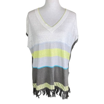 Lisa Todd XS 100% Linen Knit Striped Oversized Boxy Fringe Trim Beach Summer Top