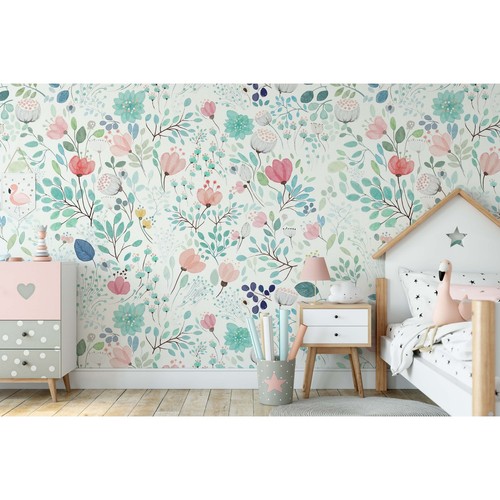GK Wall Design Colorful Puppy Flowers with White Background Green H:75" x W:112 - Picture 3 of 5